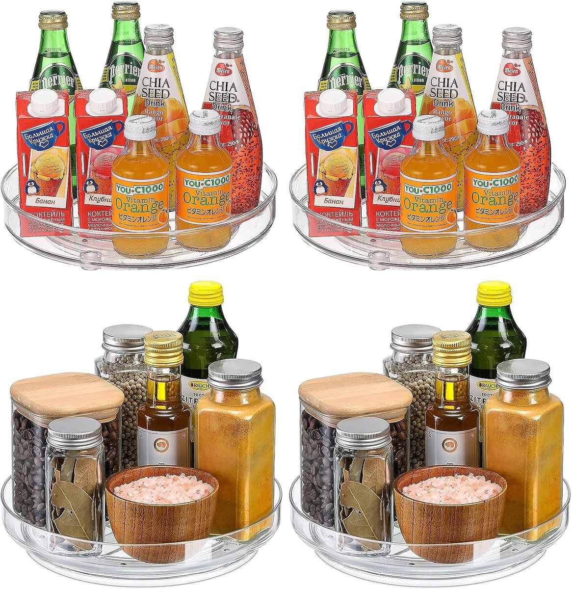 Lazy Susan draaiplateau 4-delig - 360° roterende koelkastorganizer - opbergdozen en kruiden - ruimtebesparend - SnelShoppen