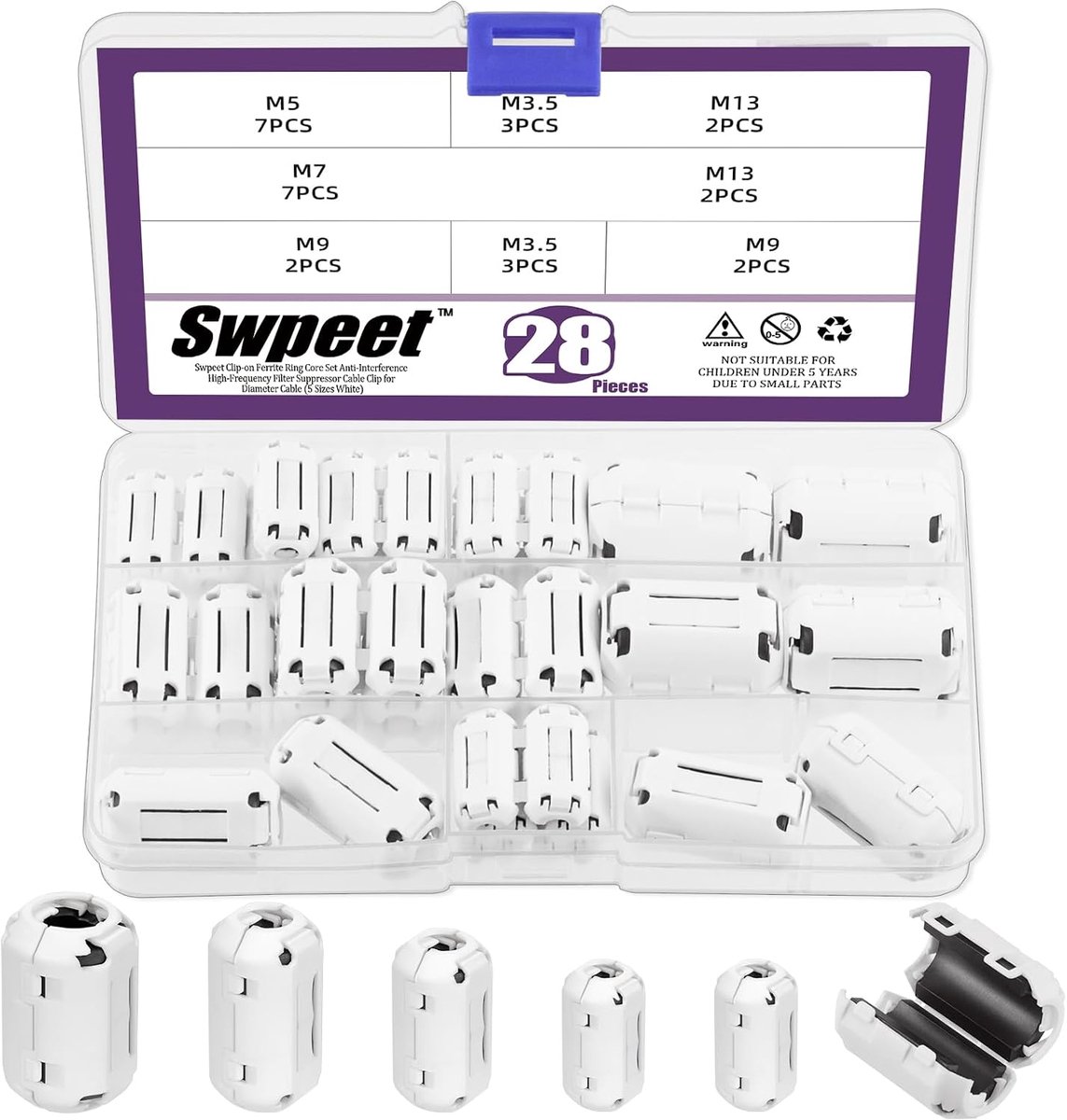 Ferrietringkern set 28 stuks - Clip-on toroid core - 5 maten - Vermindert RFI EMI storingen - SnelShoppen