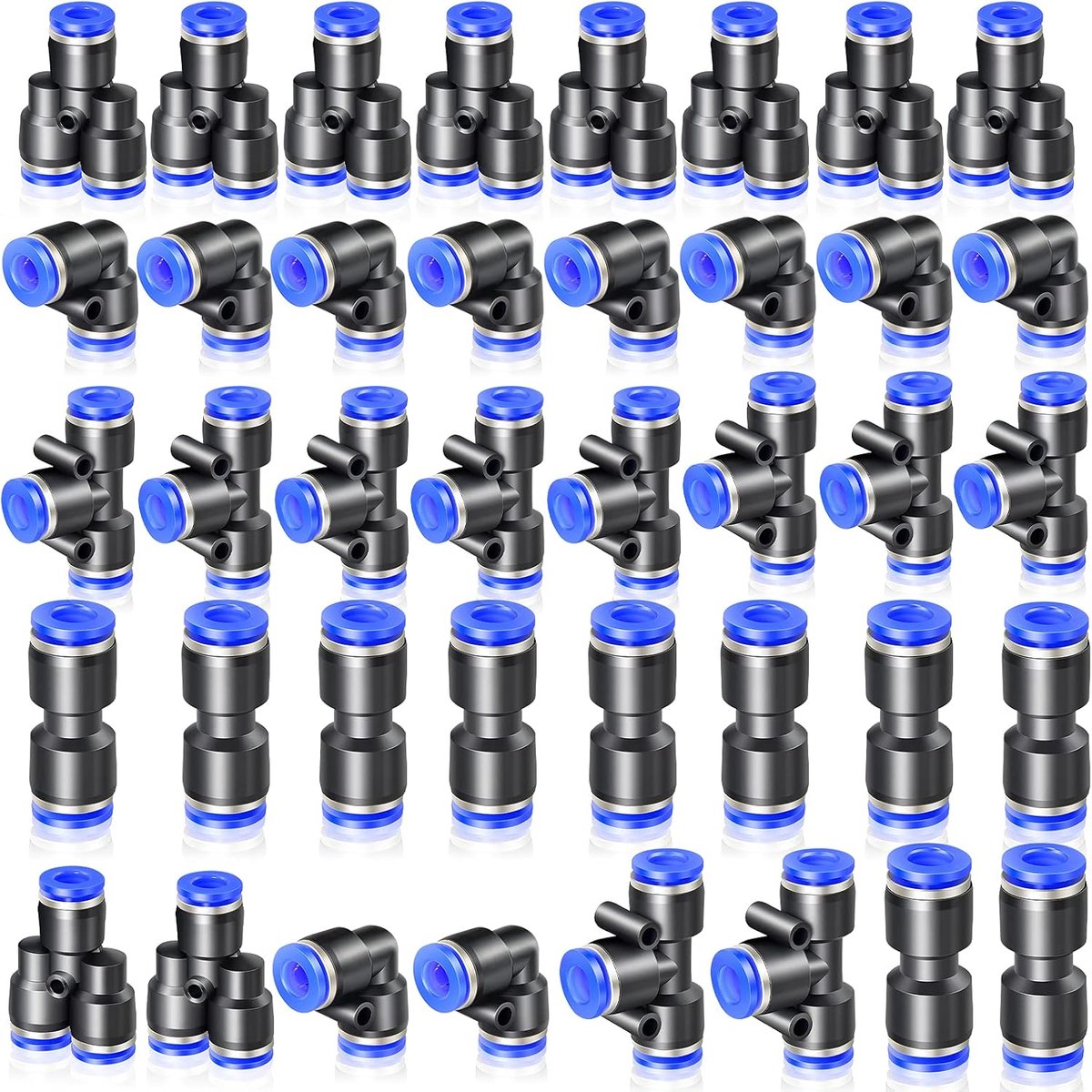40 Pcs 6mm OD Push To Connect Fitting Kits, 10 Straights 10 Ellebogen 10 Tee 10 Splitters