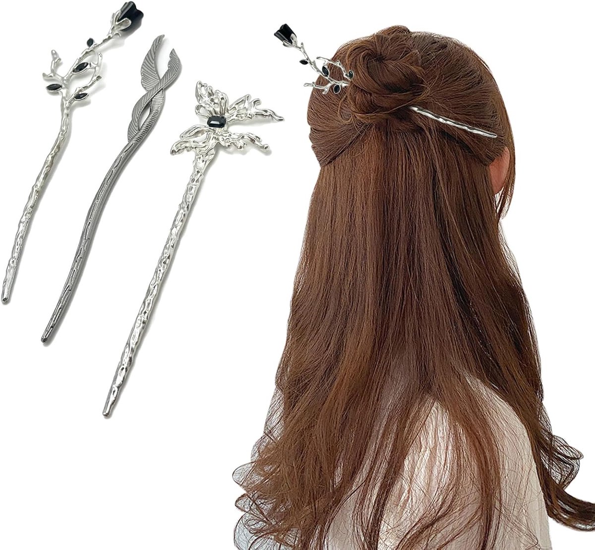 Haarspelden zwart voor lang haar dames roos, vlinder, fenikveer ontwerp, elegante Chinese stijl retro haarspeld haaraccessoires kapselaccessoires cadeau
