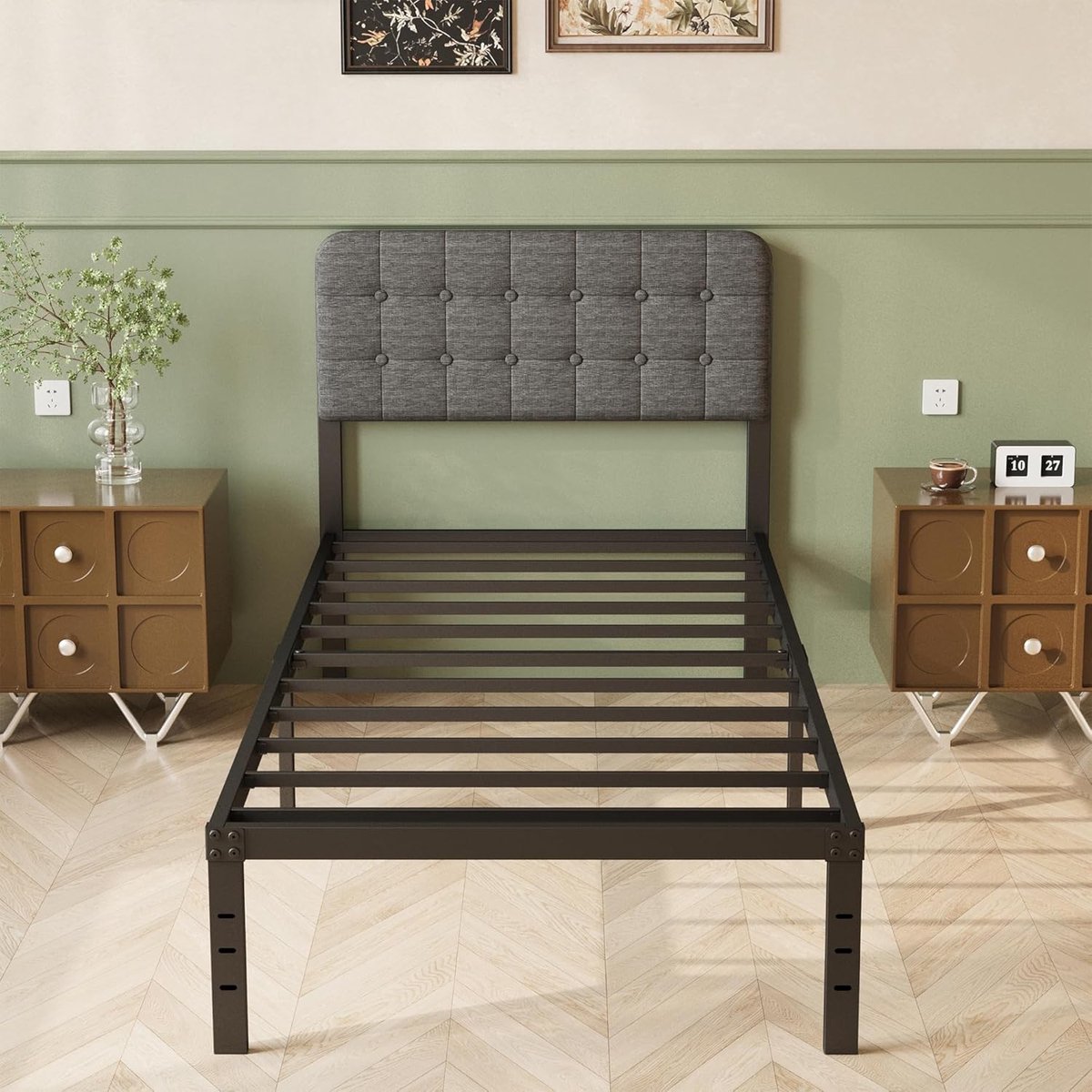 90 x 200 cm Bedframe met Grijs Gestoffeerd Hoofdeinde | Hoogte 36 cm, Zware Stalen Lattenbodem, Eenvoudige Montage, Ruime Opbergruimte onder het Bed, Geluidsvrij