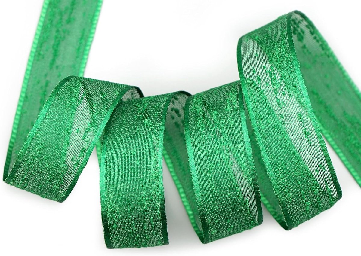 20 m x 16 mm decoratielint ELLIE met geweven patroon 861 donkergroen chiffon lint cadeaulint zonder draad transparant natuurlook netlint tafeldecoratie elegant decoratie