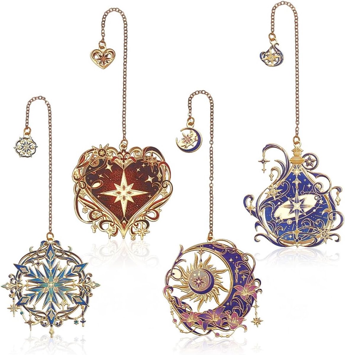 Set van 4 metalen bladwijzers voor vrouwen, fantasie, ster, maan en zon, holle bladwijzers met ketting, magie leesaccessoires voor boekenliefhebbers, lezers