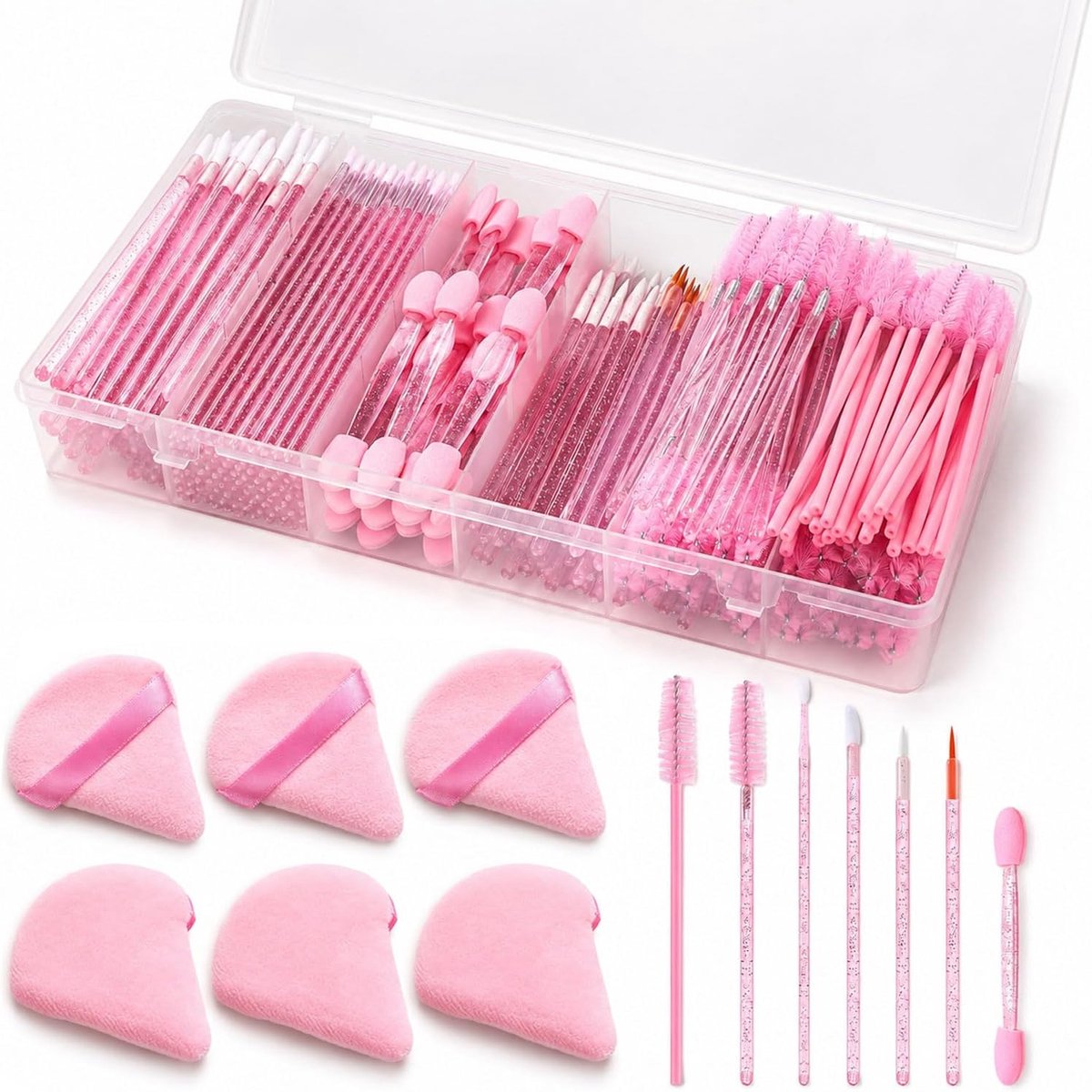 300-delige wegwerp make-up set met lippen-, mascara- & oogschaduwkwasten, applicators, poederkwasten en praktische opbergdoos voor hygiënische cosmetische toepassing