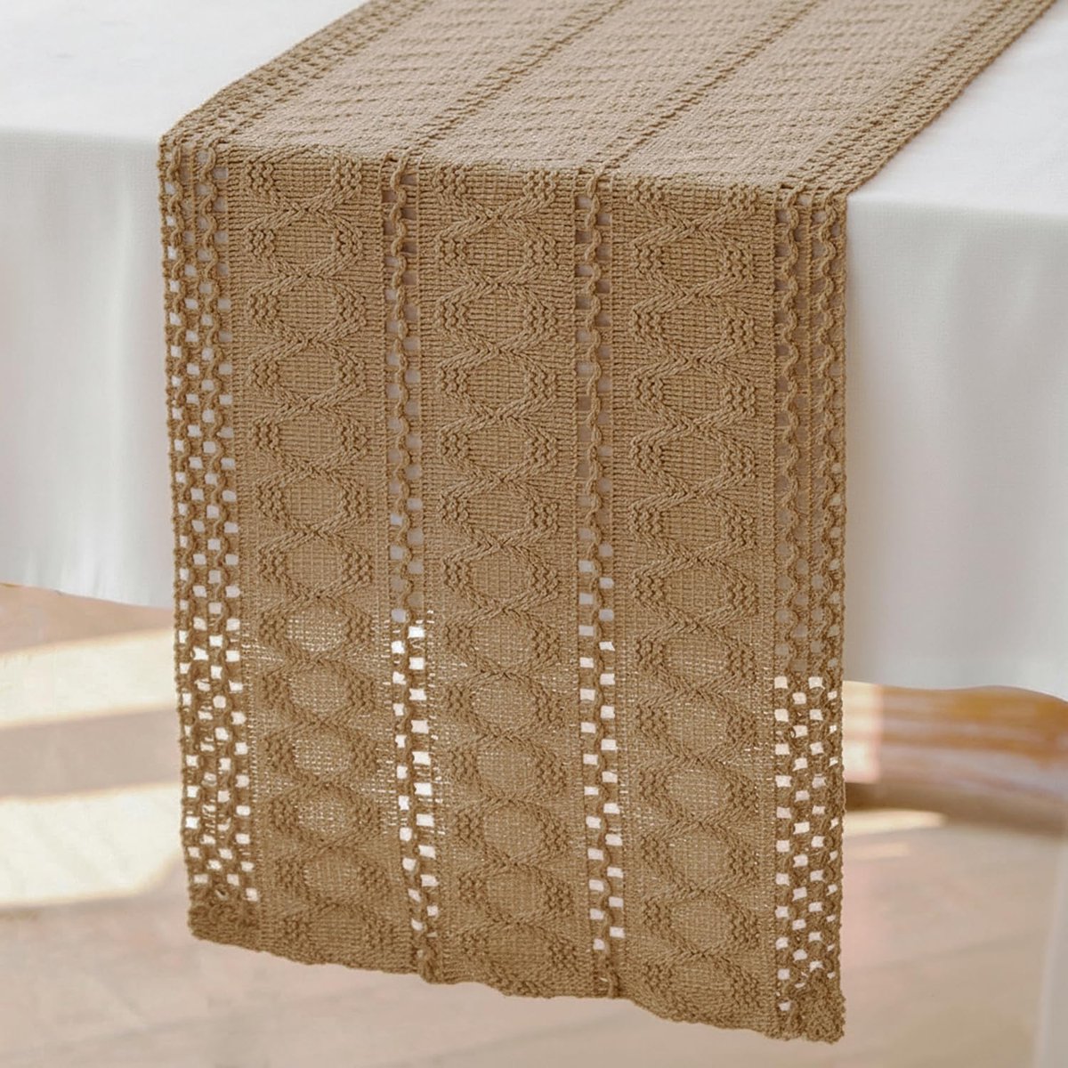 Tafelloper, naturel, bruin, boho, macramé, decoratieve tafelloper, modern, 30 x 200 cm, katoen, linnen, landhuisstijl, tafelkleed, vintage, afwasbaar, smalle deken voor commode