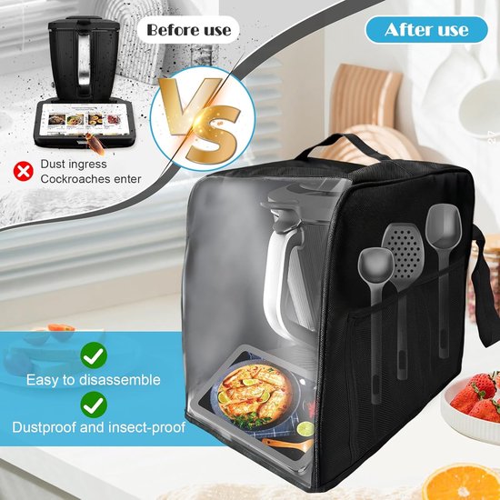 Afdekhoes voor Thermomix TM7, afdekking voor keukenmachine TM7 accessoires, beschermhoes, stofbescherming voor TM7, waterafstotend en stofdicht, met accessoirevakken, transparante TPU voorkant + — afbeelding 3