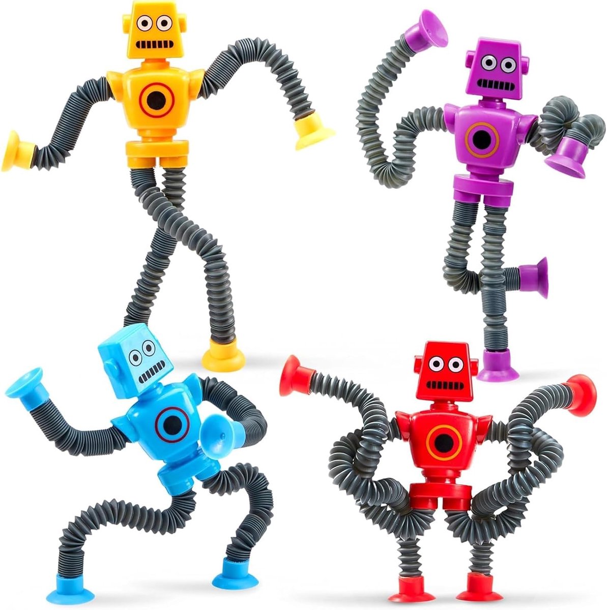 4 stuks robot-speelgoed, telescopische zuignap, Pop Tube Fidget Toys, anti-stress voor kinderen en volwassenen, sensorisch speelgoed voor autisme en angstverlichting, blauw, oranje, rood, paars