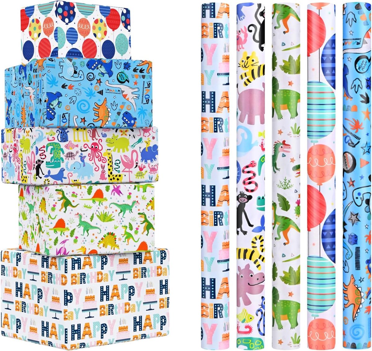 Cadeaupapier Verjaardag Kinderen 5 Rollen, 43 cm x 300 cm Cadeaupapirrollen Jongen, Recyclebaar Cadeau Papier Birthday Gift Wrapping Paper voor alle verjaardagsgelegenheden