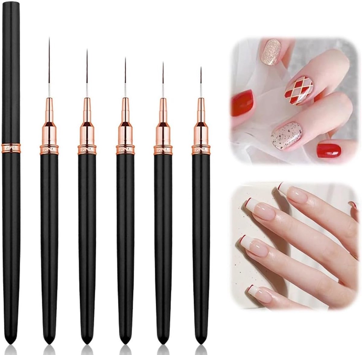 5 x penseel voor nagels, fijne decoratie voor nail art, polygel voor professionele nagels, gelnagels, acrylkwast, penseel voor artistiek design, fijne details, Franse manicure