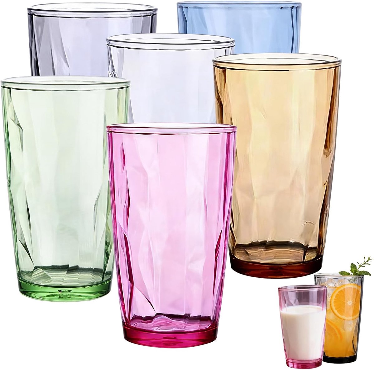 6 stuks 500 ml drinkglazen kleurrijk: zes kleuren acryl waterglazen set, cocktailglazen groot, longdrinkglazen glas voor thuis en horeca, sapglazen, drinkglazen, keukenglazen