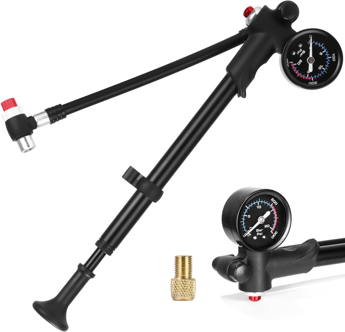 (max. 300 PSI), minischokpomp met manometer en ontluchtingsknop, 2-in-1 fietsvorkpomp/achterwielophangingspomp en fietsbandpomp voor MTB, racefiets en motorfiets