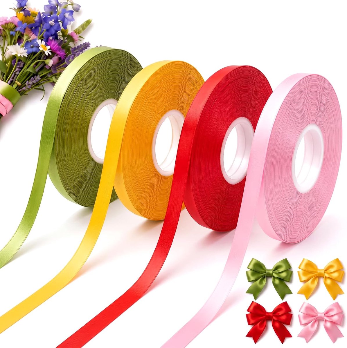 4 Rollen Satijnlint 45 m x 9 mm Rood Geel Groen Roze Satijnen Cadeaulint Trouwstrikkenlint Zijden Lint Kleurrijke Satijnen Linten voor Bruiloftsdecoratie, Strikken, Cadeauverpakking