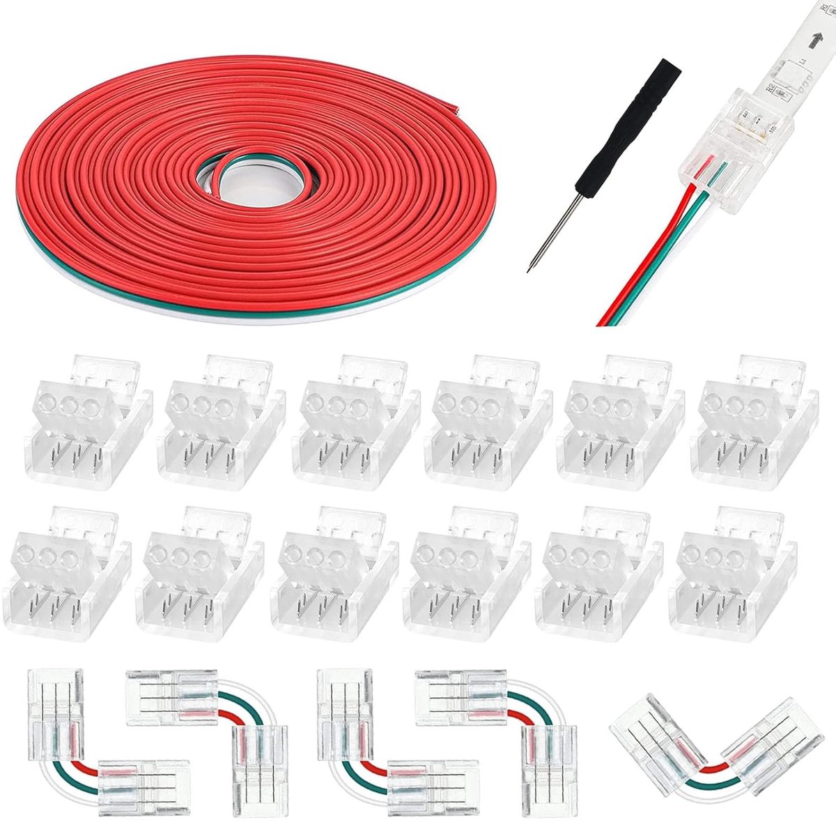 2pin/3pin/4pin/5pin/6pin 8mm/10mm/12mm geleide aansluitingen soldevrij transparant spoor verlichting aansluitingen hoekverbindingen met 16.4ft verlengsnoer voor 5050 geleide strips (3p-10)