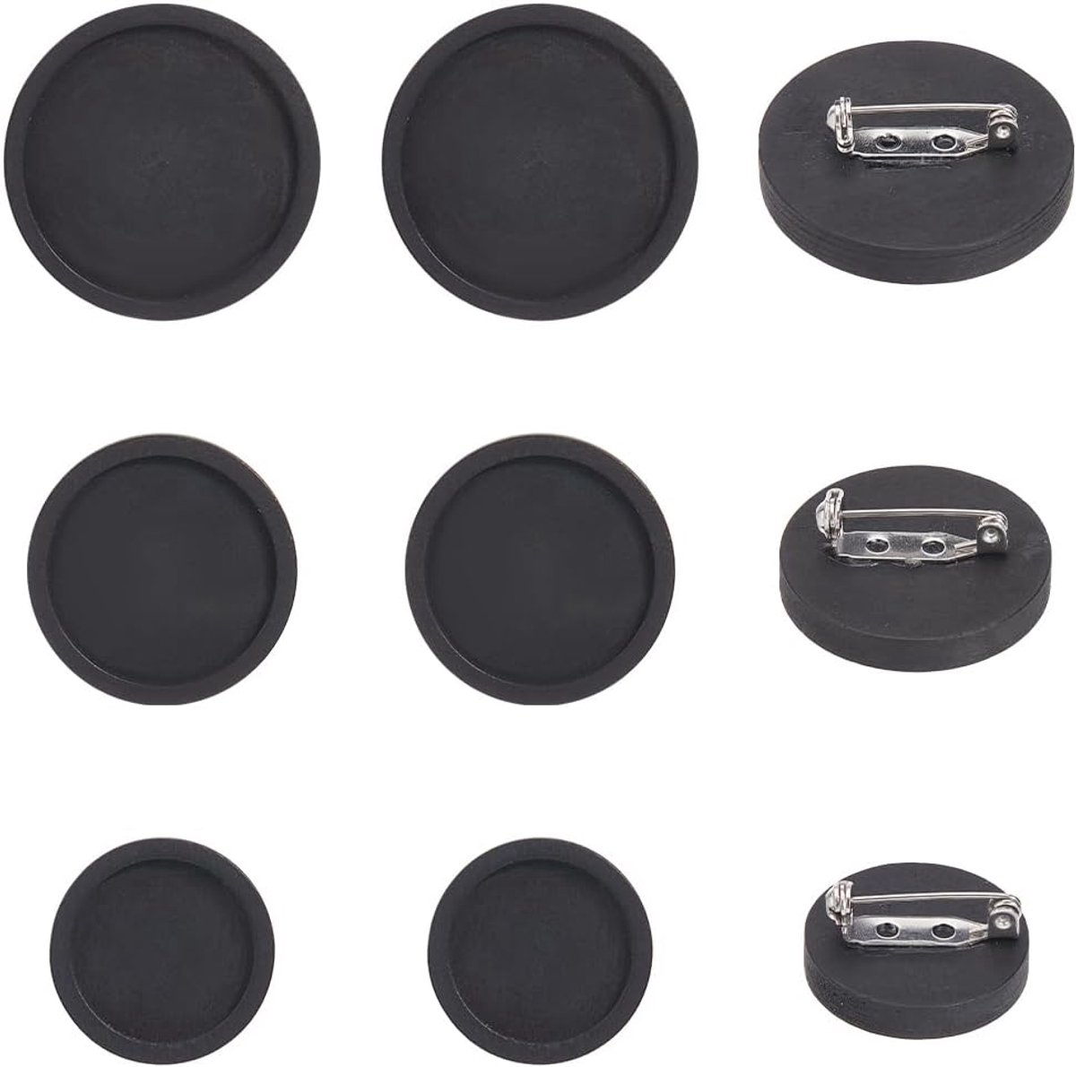 24 stuks 3 maten broche basis hout cabochon blanks bulk zwart natuurlijk basis houten ronde bakje revers broche cabochon zettingen met roestvrijstalen veiligheidsspelden voor sieraden maken