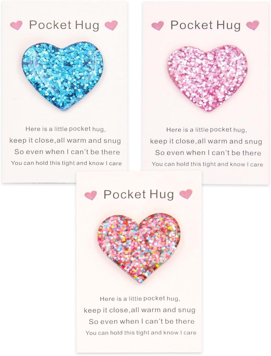 3 Stuks Pocket Hugs | Hart Pocket Hug Cadeau voor Vrienden, Kinderen, Terug Naar School, Meisjes, Geluk voor Verjaardag, Kerst, Valentijn (Roze, Blauw, Kleurrijk)