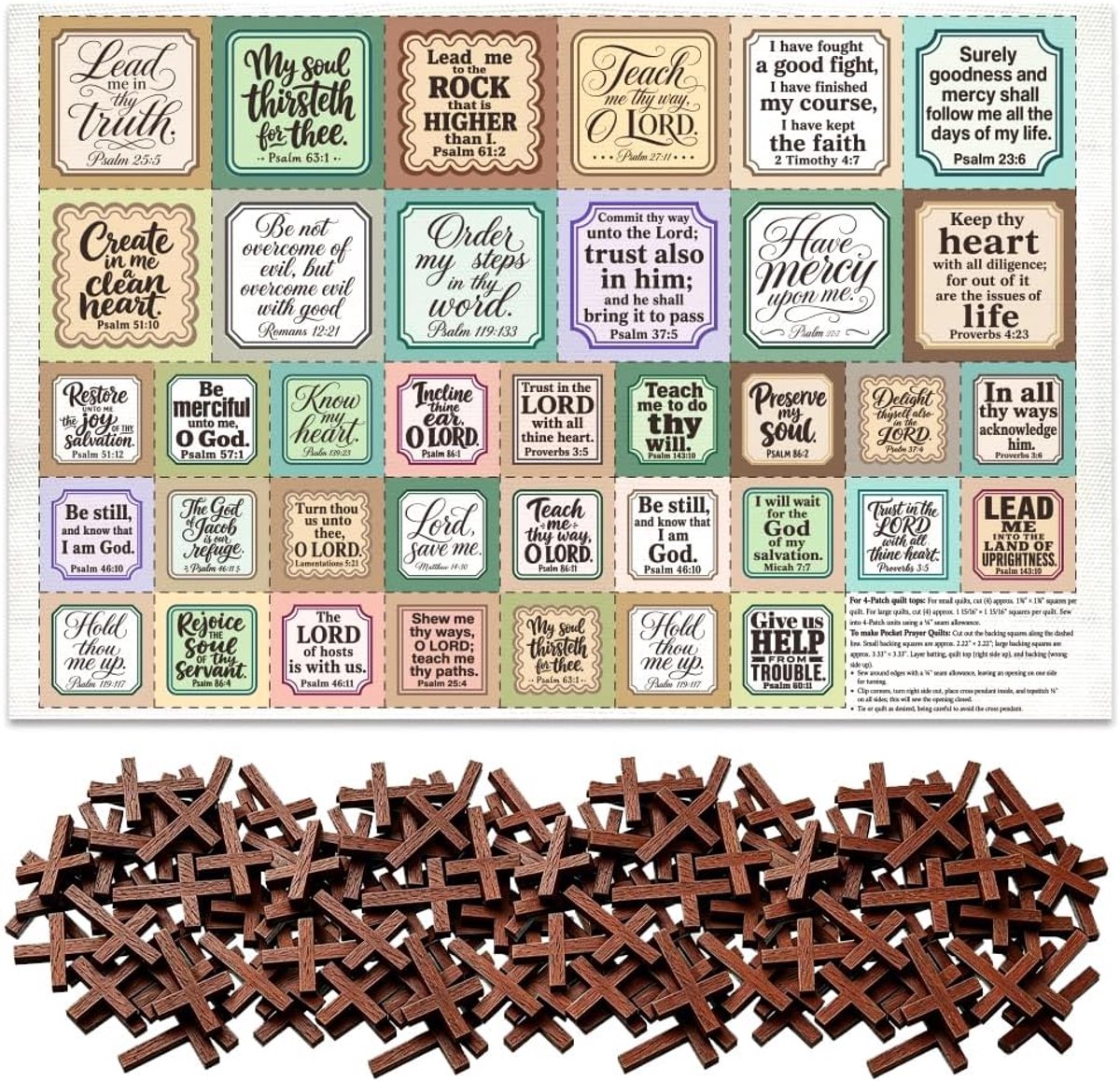 Pray Quilt Vierkanten Paneel met 50 stuks Houten Kruisen, DIY Retro Stijl Biddoek Mini Schrift Pocket Quilt voor Vrouwen Kerk Moederdag Doop Beloning Geschenken, 54x35cm