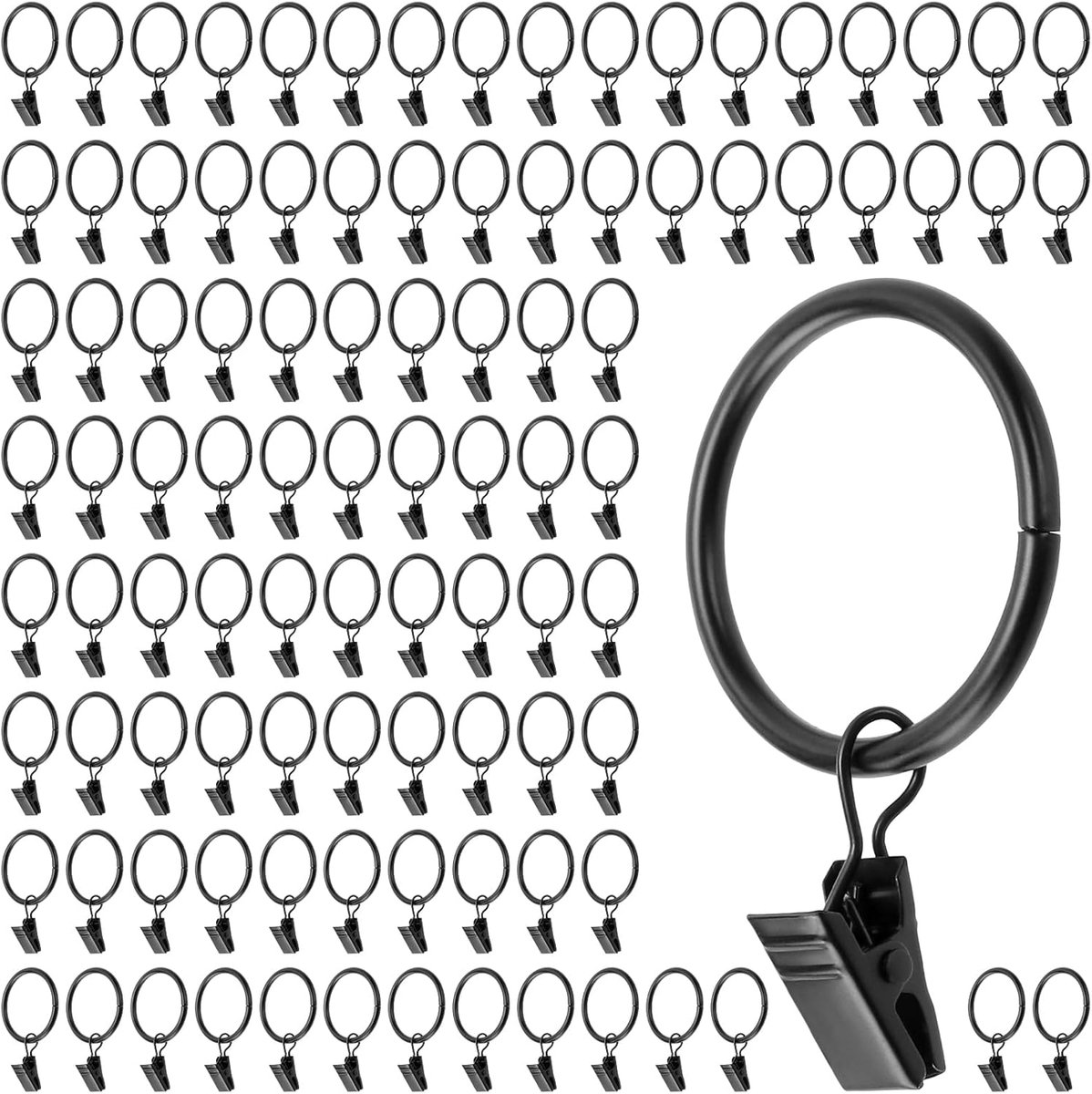 100 stuks gordijnringen met clips, 35 mm binnendiameter gordijnringen met haken, 3,5 mm draaddikte, zwart, voor gordijnen, gordijnen, slaapkamer