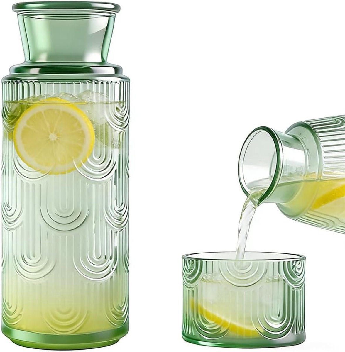 waterkaraf set, waterkaraf, 820 ml, van glas met beker, glas, nachtkastje, set voor druppelvrij, logeerkamer, badkamer, outdoor, eten en picknicks, groen