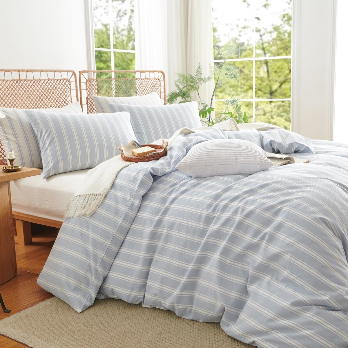 Beddengoed, 200 x 220 cm, katoen, gestreept, blauw-wit, 100% renforcé katoen, beddengoedset met ritssluiting, Öko-Tex beddengoed geschikt voor mensen met allergieën, 1 dekbedovertrek en 2