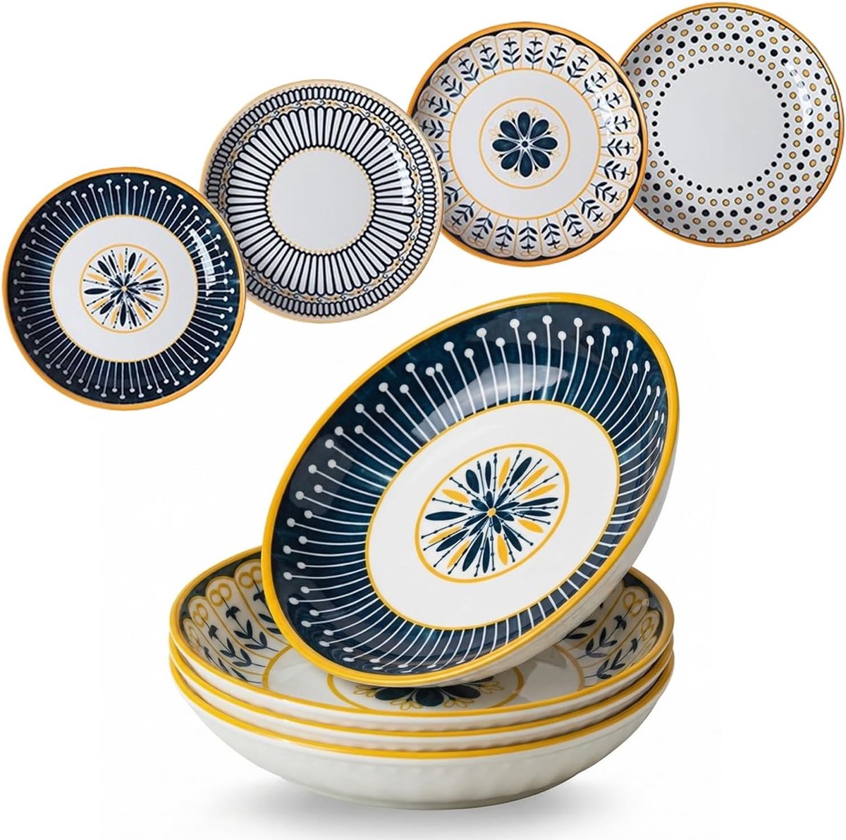 platte borden, set van 4, keramische borden voor magnetron, oven en vaatwasser, diameter 20 cm, te gebruiken als pastabord, ontbijtbord, dessertbord en taartbord