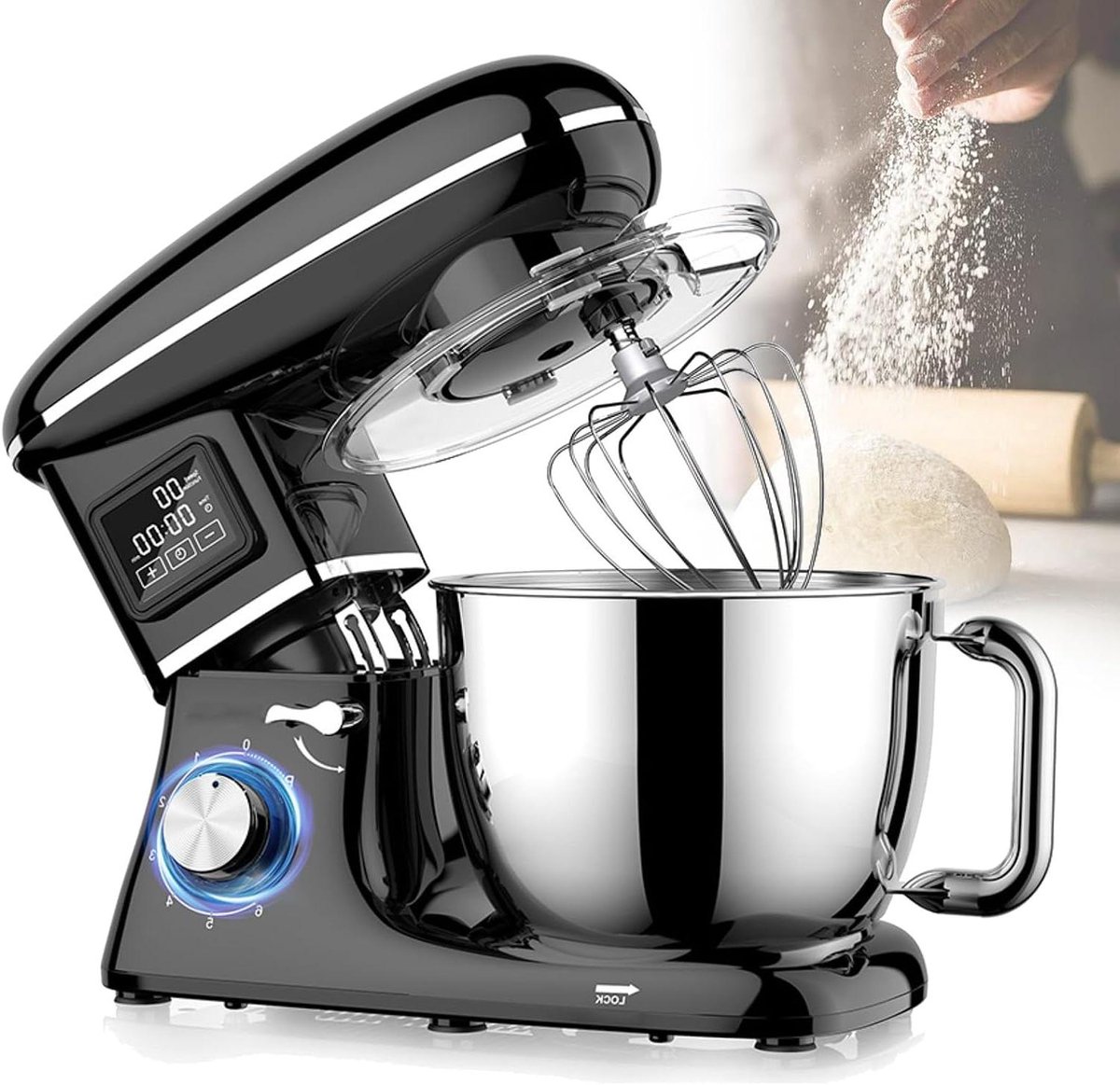 Tafelmixer - Keukenmachine - Bakken en Koken - Krachtige Koperen Motor - 62L Kom - Zwart