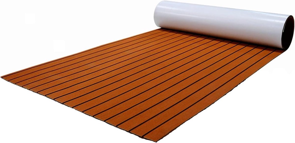 Zelfklevende vloerbedekking, 240 x 90 x 0,6 cm, teakhout, antislip dekbeslag van EVA-schuim, antislip vloerbedekking, mat voor je boot, schip, sportschool, bruin, zwart