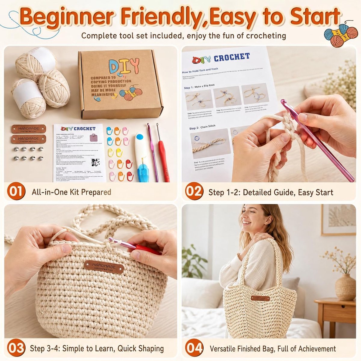 Haakset voor beginners, haakset tas met haaknaald 4,5 mm, handleiding (mogelijk niet beschikbaar in het Nederlands), 5 mm dikke wol om te haken, kleine handtas, opbergmand, manden, haken