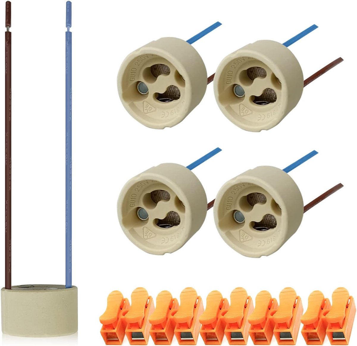 5 sets GU10-dopsleutels, de hittebestendige siliconendraad is verbonden met de GU10-stekker, keramische sokkel, 0-250 V, inclusief snelaansluitklemmen