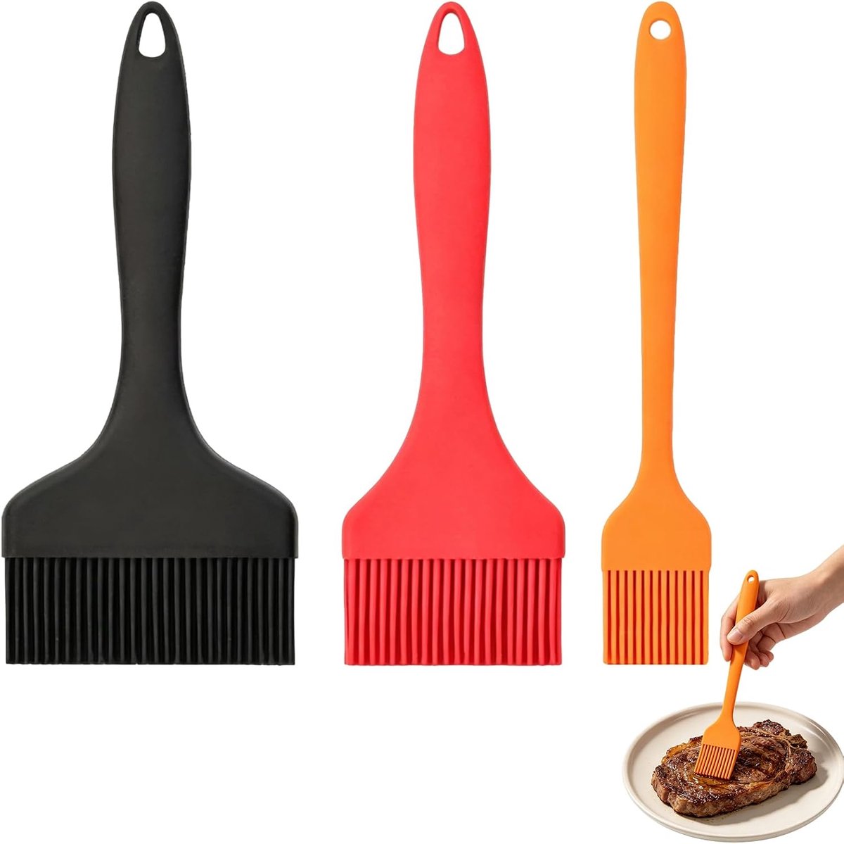 Set van 3 siliconen bakkwasten hittebestendig tot 230°C, keukenborstels voor bakken, grillen en koken, BPA-vrij, ergonomisch 21 cm handvat, multifunctionele keukenaccessoires