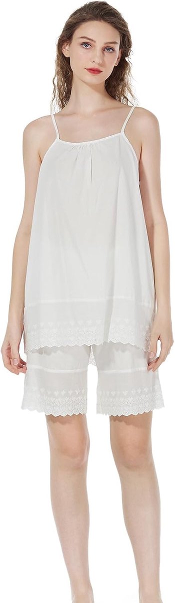 Dames pyjama-bovenstuk, katoen, camisole spaghetti bovenstuk, Victoriaanse tops, losse onderhemden, zomer, mouwloze pyjamaset met verstelbare riem, ivoor-crème