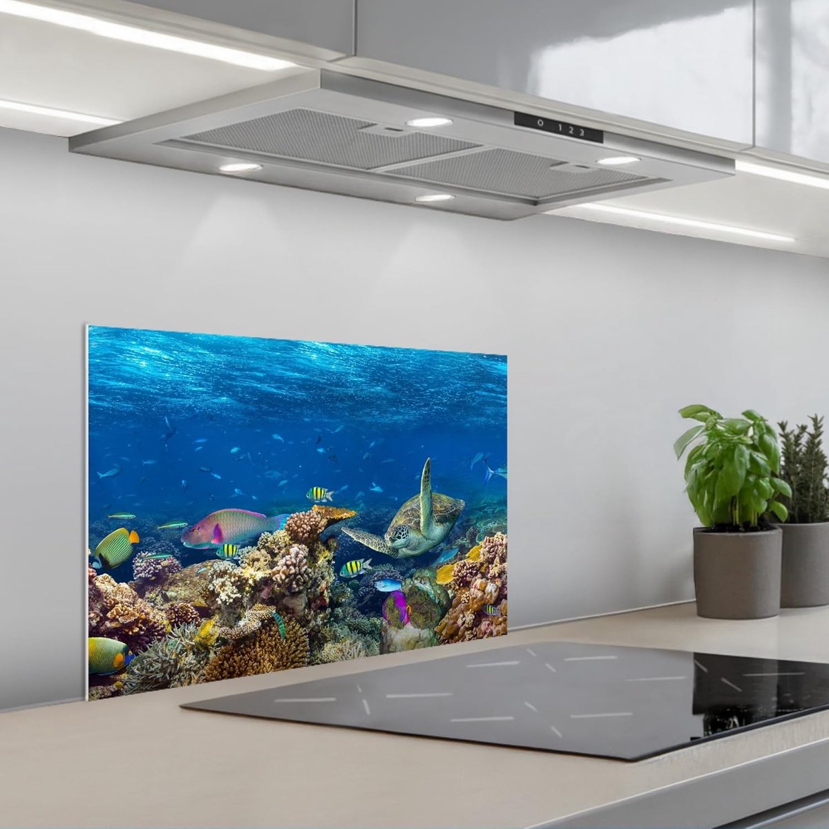Keukenachterwand 40x60 cm zelfklevend keuken decoratie accessories home kitchen spatscherm Onderwaterlandschap - Vissen - Schildpad - Blauw