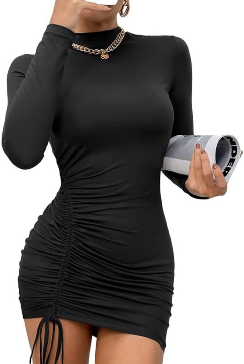 Jurk voor dames, opstaande kraag, bodycon, mini-jurk, lange mouwen, herfstjurk, sexy partyjurk met trekkoord, nauwsluitende stretch, vrijetijdsjurk met trekkoord, modieuze