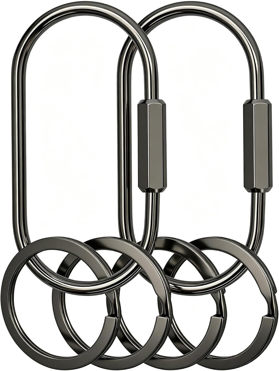 Sleutelhanger met schroefsluiting van messing met sleutelringen, ovale karabijnhaak met schroefsluiting voor sleutels, autosleutels, tassen, doe-het-zelf accessoires, 6 stuks (zwart)
