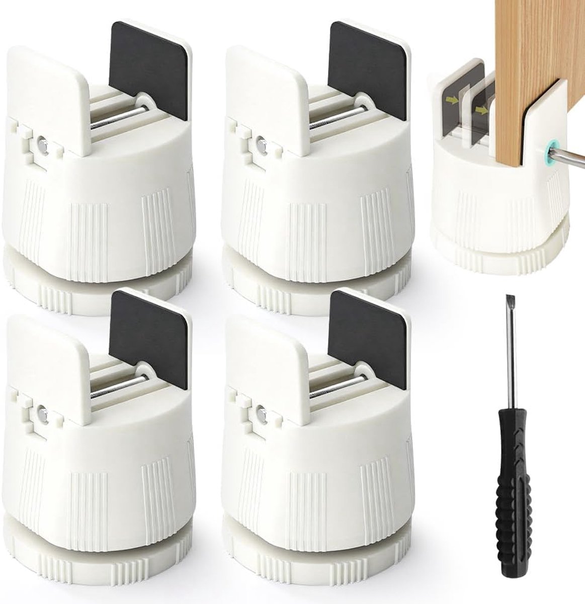Set van 4 meubelverhogers 5 cm, verstelbare bedverhoger voor 10 mm - 50 mm brede vierkante en ronde stoelbeen, bedverhoger met schroefklem, heavy duty stoelverhogers, meubelverhogers (wit)