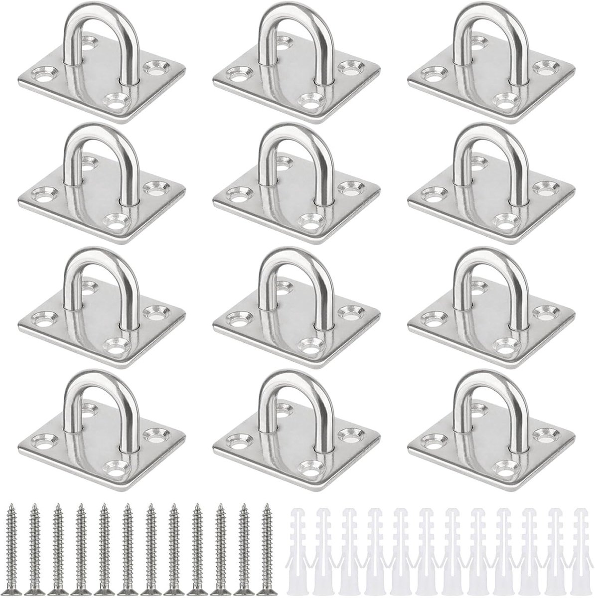 12 Stuks Oogplaat RVS M5, 35x30mm Wandbevestiging met Schroeven & Pluggen, 304 Roestvrij Staal Plafondhaak Draagkracht 50kg, Bevestigingshaak voor Schaduwdoek, Hangmat, Yoga, Boot