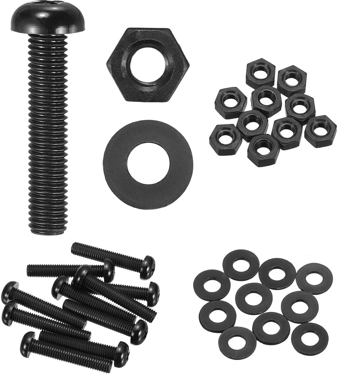 Set van 10 ronde kopschroeven van nylon PA66, M8 x 45 mm, met kruis Phillips zeskantmoeren, sluitringen, platen, kit, assortiment, metrische schroefdraad, compleet voor machinemontage, zwart