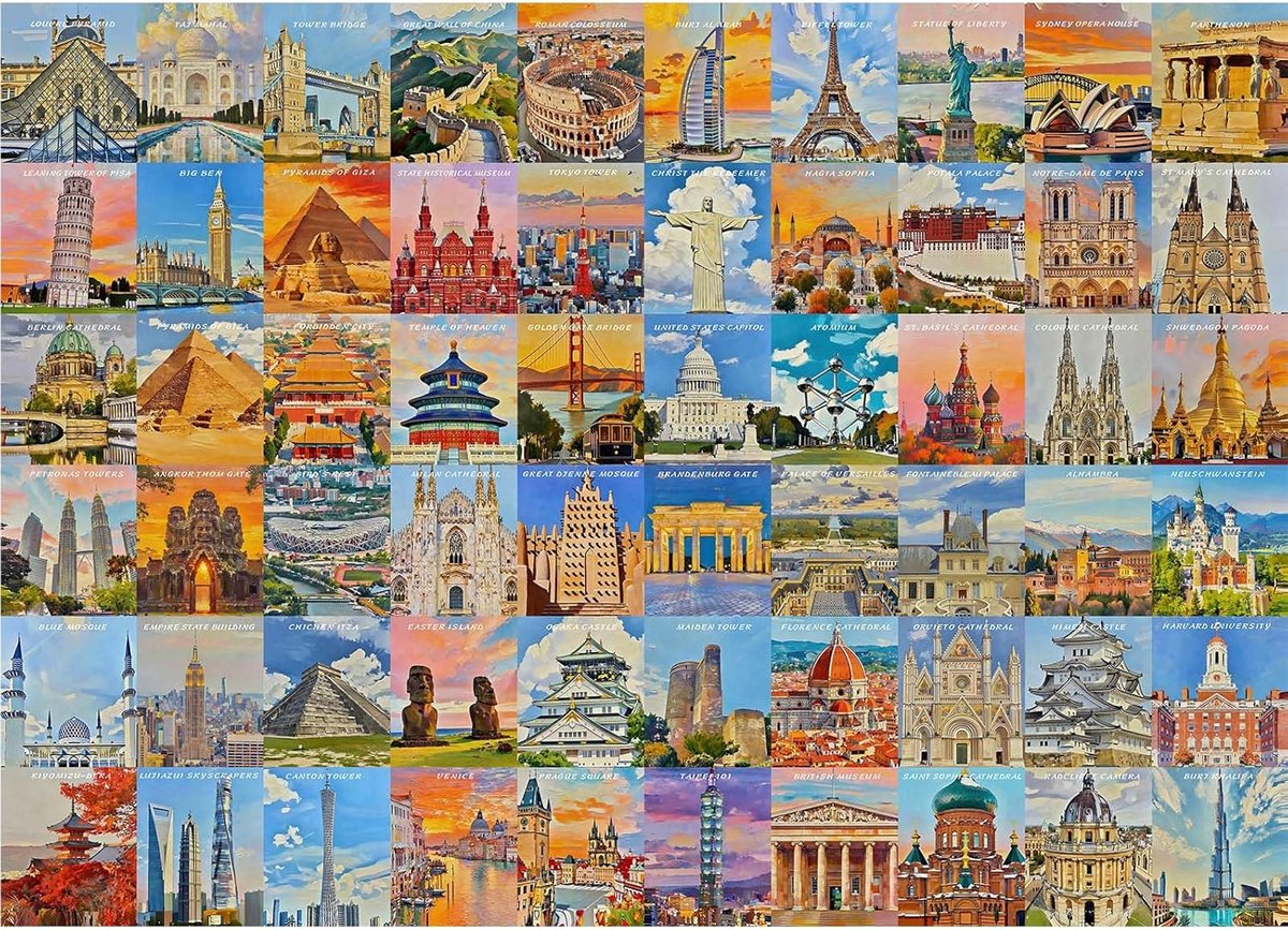 Puzzel 1000 stukjes wereldberoemde bezienswaardigheden voor volwassenen | Matte oliedruk, oogvriendelijk, stofvrij, zeer goede grip van de puzzelstukjes