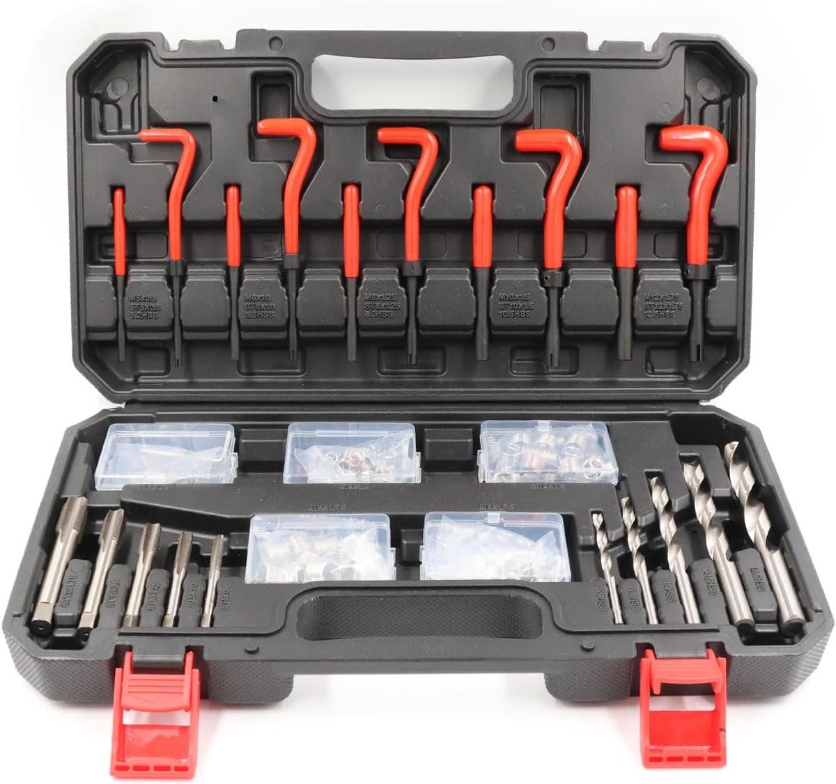 131-delige schroefdraadreparatieset, schroefdraad-reparatieset, gereedschap met M5, M6, M8, M10, M12, inzetstukken, hulzen, draadinzetstukken, schroefdraadboor