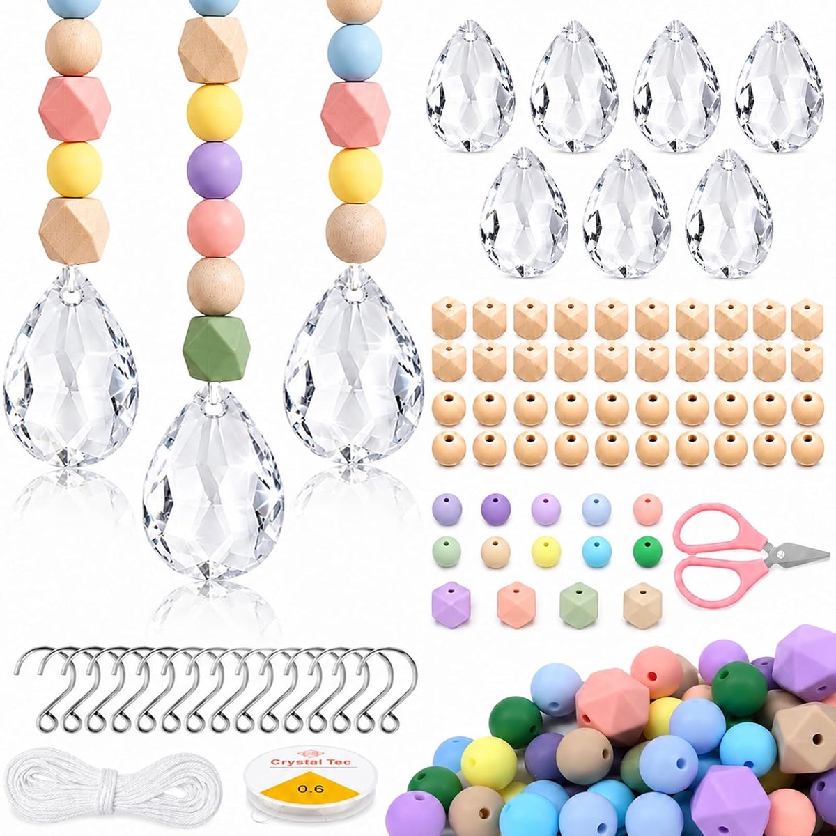Zonnevangers kristal 38 mm DIY Suncatcher transparant | Doe-het-zelf zonnevanger, knutselen met houten kralen en siliconen kralen om op te hangen, voor ramen, huis, tuin, windspel
