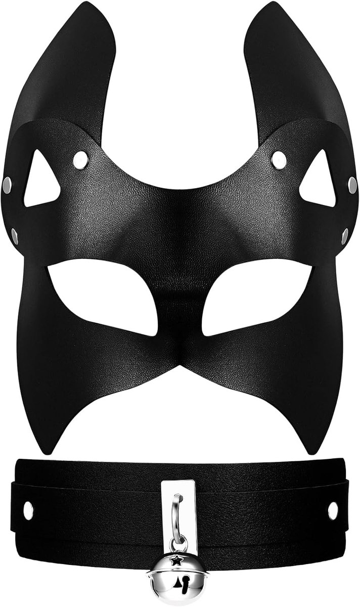 Masker en halsband set voor vrouwen - zwarte leren fox mask met kraag - sexy met studs en bel - SnelShoppen