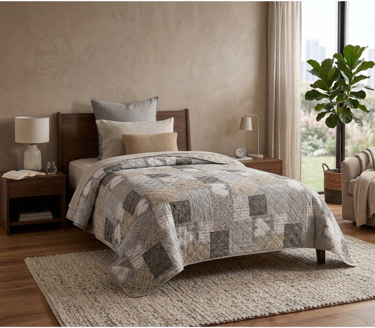 TRANKIELO® – Patchwork Sprei voor Eenpersoonsbed met Hartenontwerp – Luxe bedsprei – Bruin – 140x210 cm