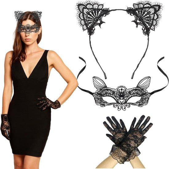 Catwoman kostuum accessoires set - Kat oortjes, kanten oogmasker en handschoenen - Perfect voor Halloweenfeest - SnelShoppen