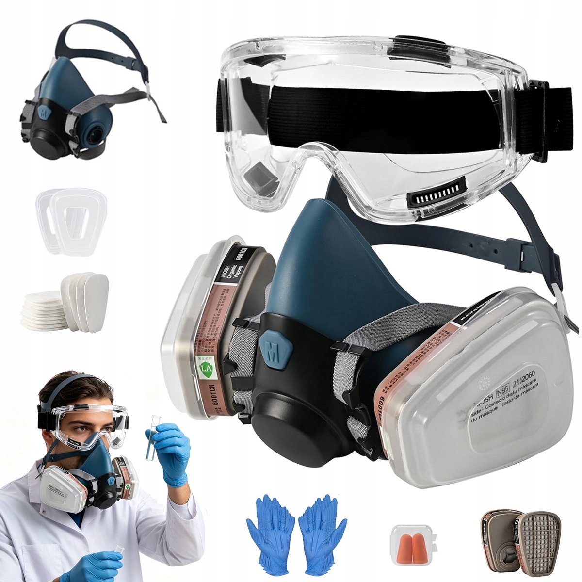 Professioneel stofmasker met filters, koolstofpatroon en veiligheidsbril