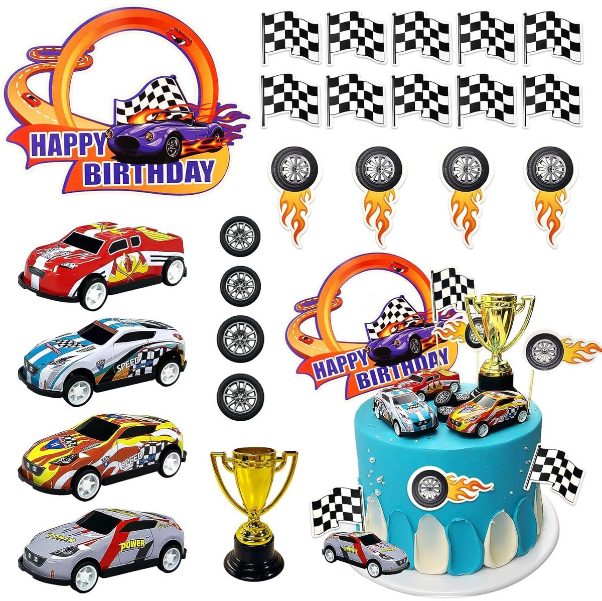 24-delige set racevlaggen en voertuigdecoraties - verjaardagstaart-thema - feestdecoraties voor jongens en meisjes - ShopVlot