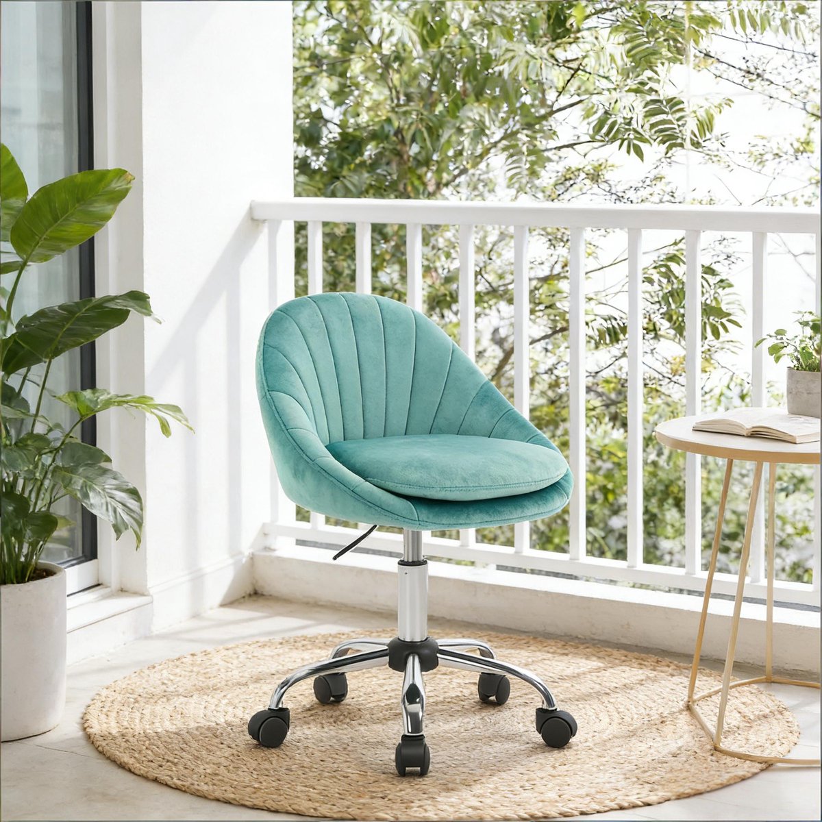 MODFU Bureaustoel-Turquoise-Velvet-Met Wielen-Zonder Armleuningen