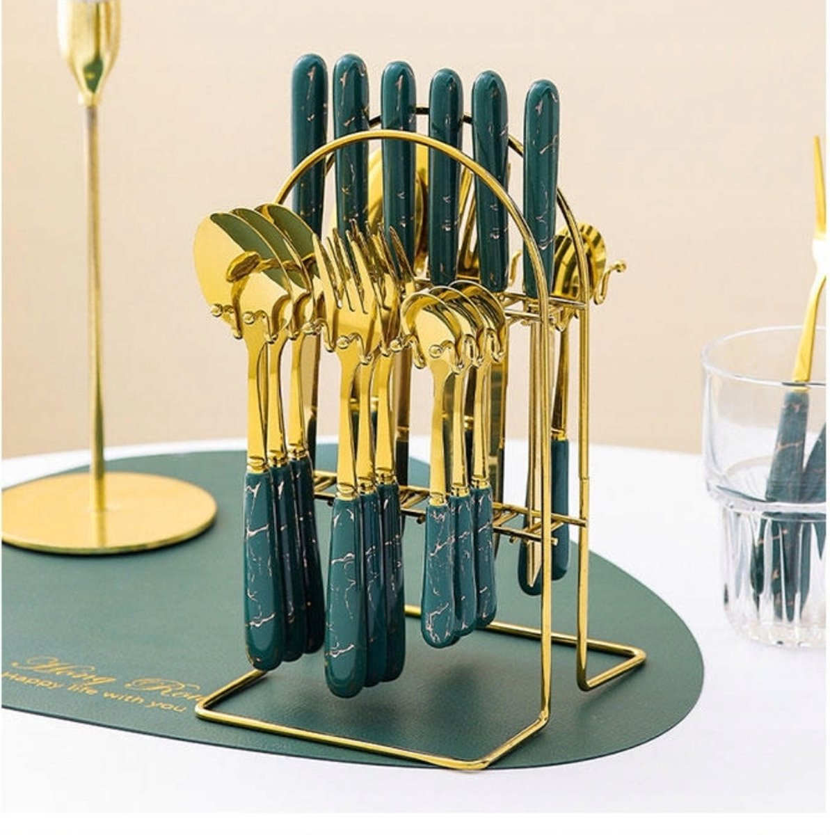 Luxe Bestekset 24 Delig Goud/Groen met Metalen Standaard