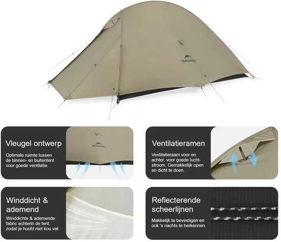 Naturehike Cloud Up 2 PRO - 100% PFAS-vrij - 2 persoons tent - Lichtgewicht tent - Incl. grondzeil - 20D 3000MM - Maanzand van Naturehike — afbeelding 3