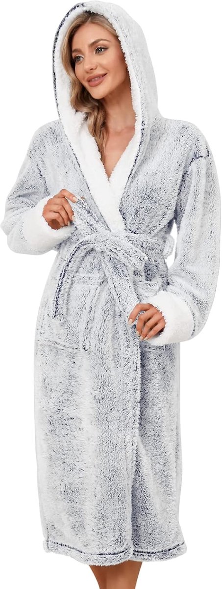 Badjas voor dames, wollig, fleece, lange zachte en comfortabele badjas met capuchon, S-XL, dikke winterjas, geschenken voor vrouwen