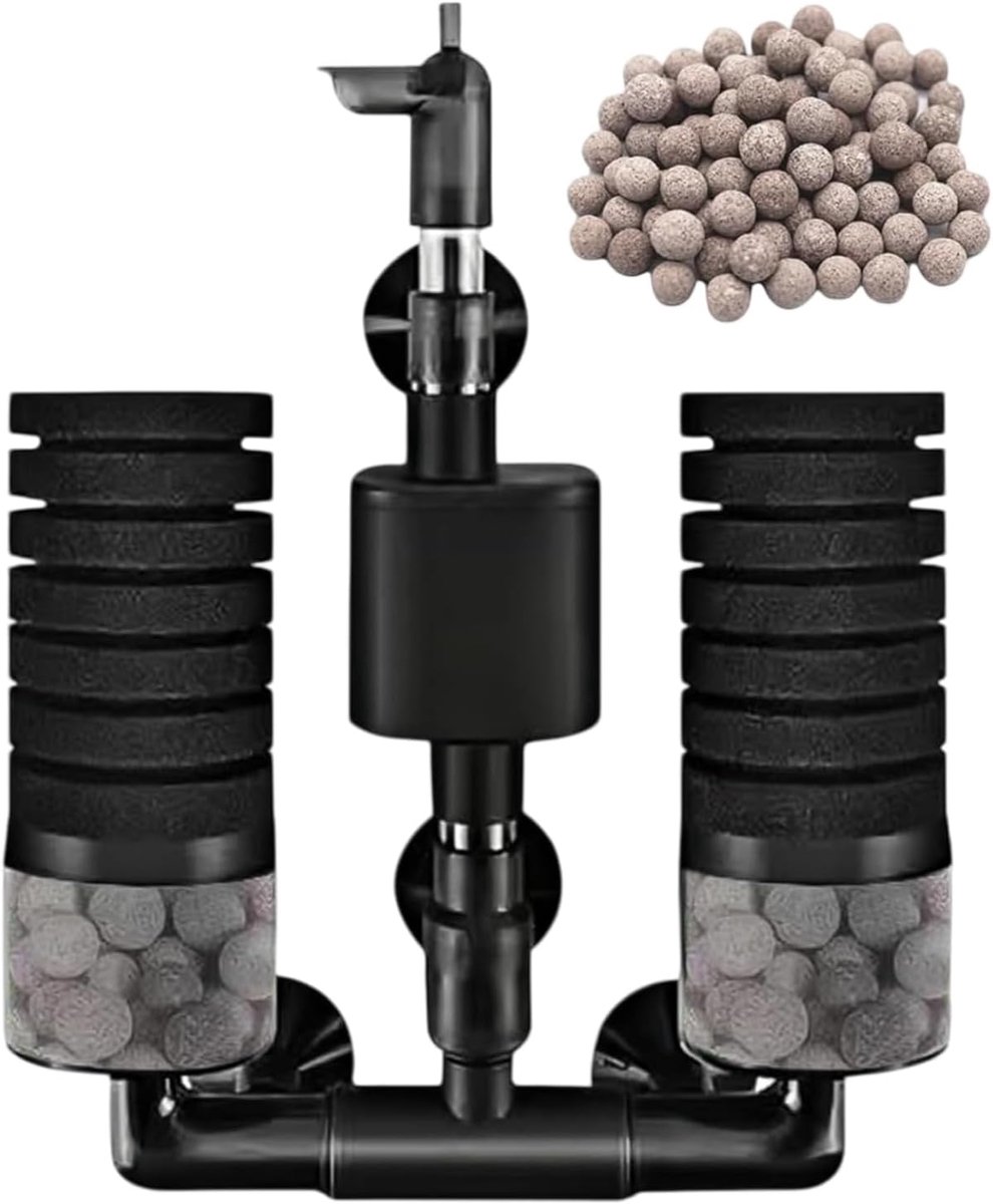 Aquariumfilter, aquariumsponsfilter met pomp, 1 zak met keramische ballen, elektrisch aquariumfilter, verstelbaar dubbel sponsfilter voor aquaria van verschillende diepten