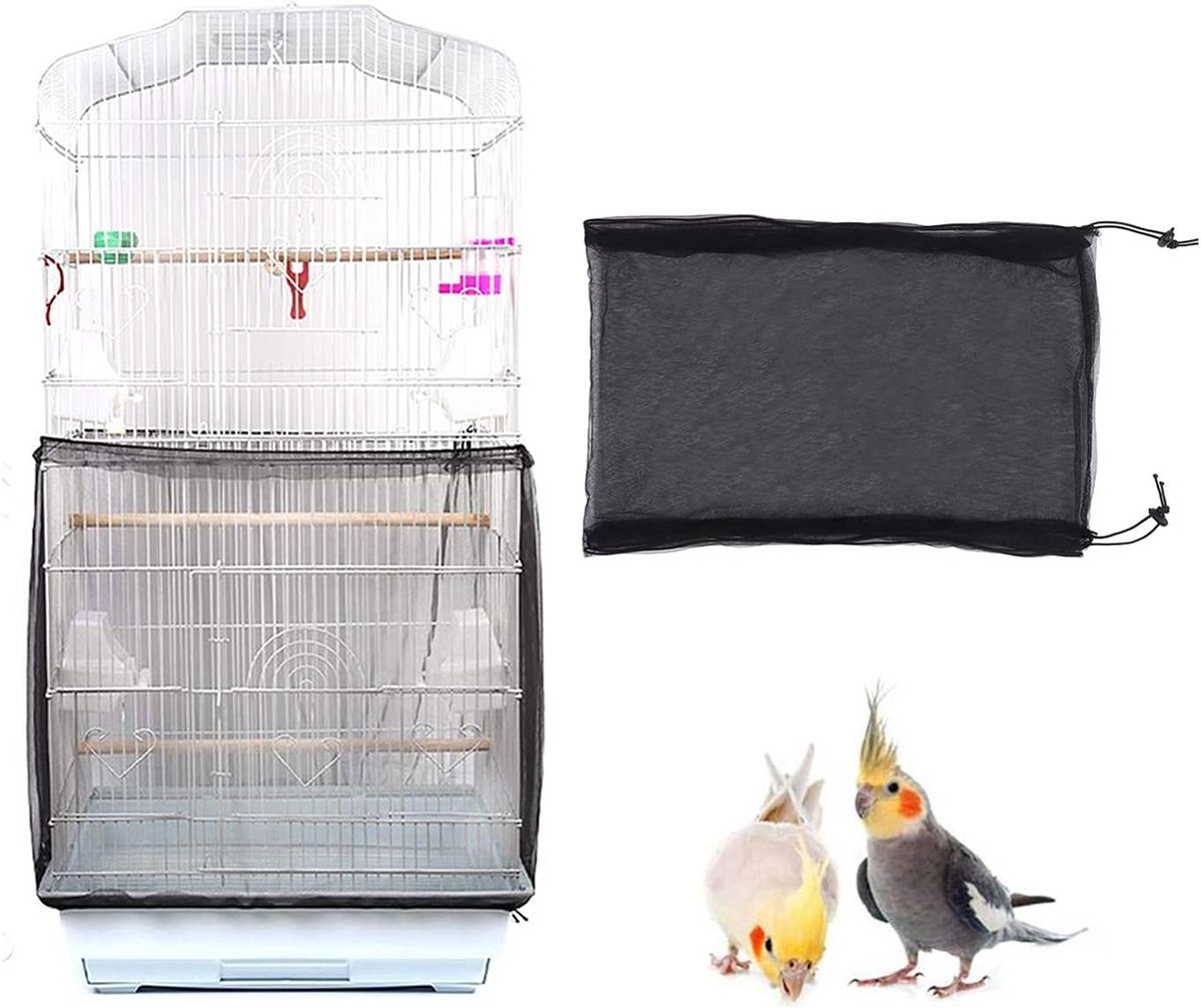 Hoes voor vogelkooi, nylon, van beschermend net, wasbaar, anti-zaadhoezen voor vogelkooi, papegaaienkooirok, zaadvanger (zwart)
